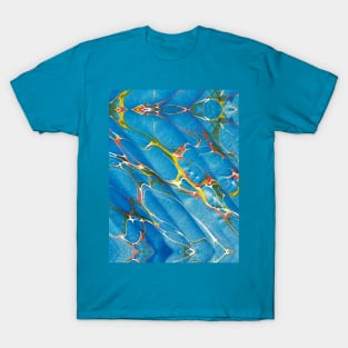 MARBLED PAPER,ABSTRACT RED YELLOW GREEN SHADES IN BLUE T-Shirt